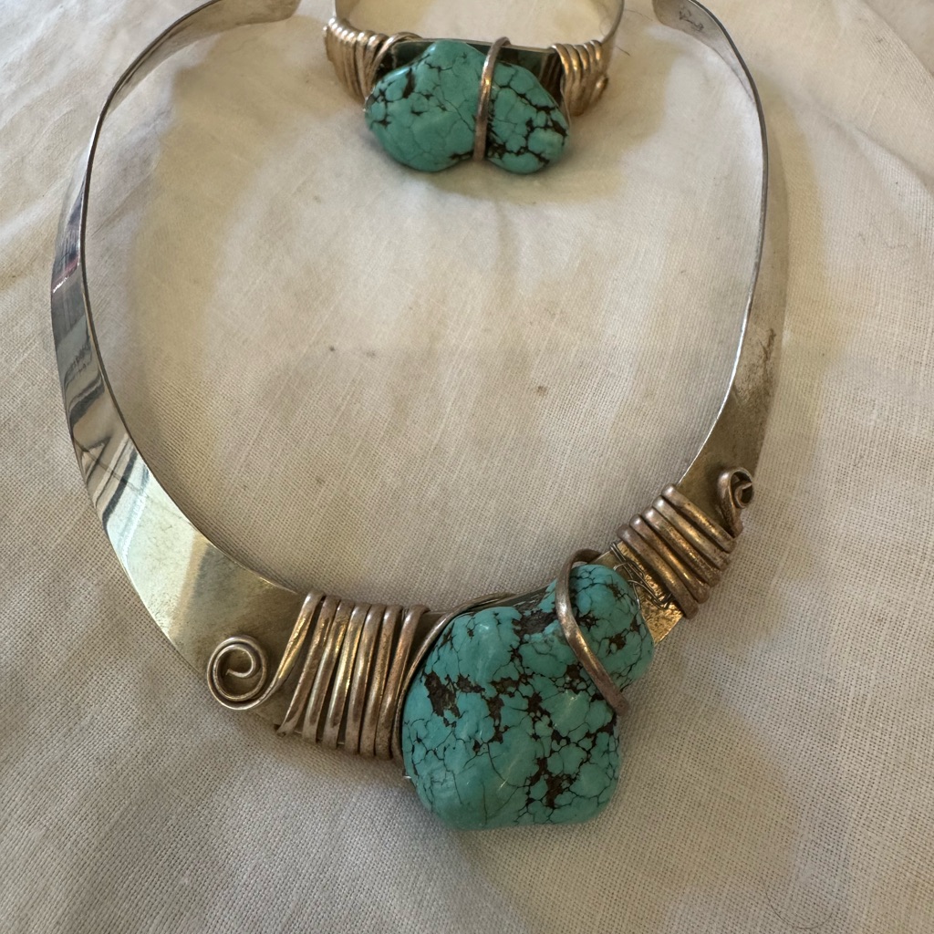 Silver And Turquoise Necklace And Bracelet Set Signed By Fiorella G.